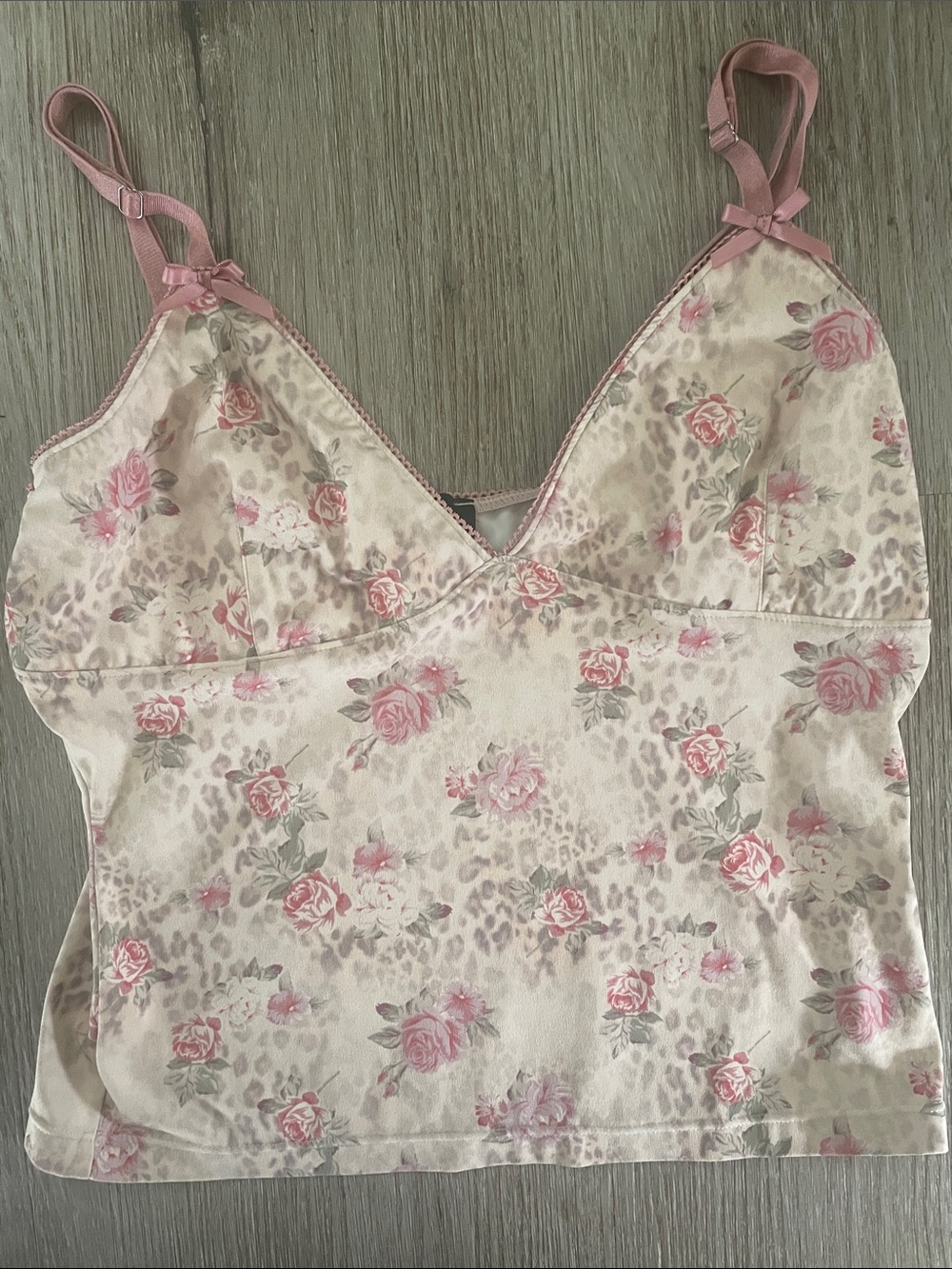 Cheetah Print + Pink Floral Tank Top | Adjustable Straps | Bow Details | Size M